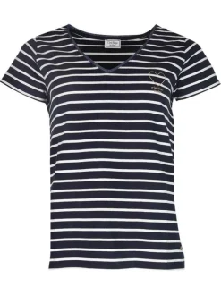 T-shirt en coton marine et blanc rayé à coupe droite avec un col v