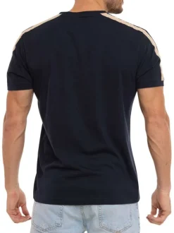 T-shirt en coton marine imprimé avec un col en v et un imprimé