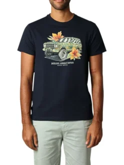 T-shirt en coton marine imprimé avec un col rond et une coupe droite