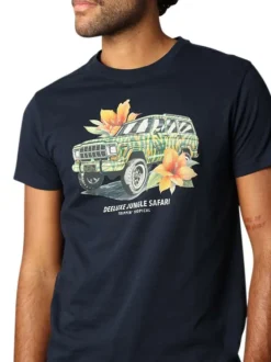 T-shirt en coton marine imprimé avec un col rond et une coupe droite