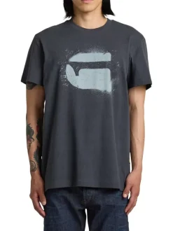 T-shirt en coton marine imprimé avec une coupe droite à col rond