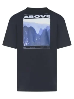 T-shirt en coton marine imprimé avec une coupe droite et nom iconique