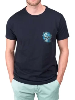 T-shirt en coton marine imprimé avec une coupe droite et un col rond