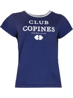 T-shirt en coton marine imprimé avec une coupe droite et un col rond