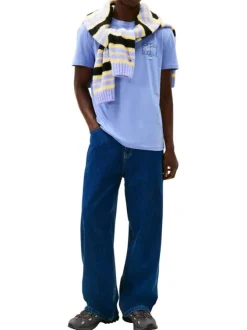 T-shirt en coton marine imprimé avec une coupe droite et un col rond