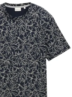 T-shirt en coton marine à motif floral blanc avec coupe regular et col rond