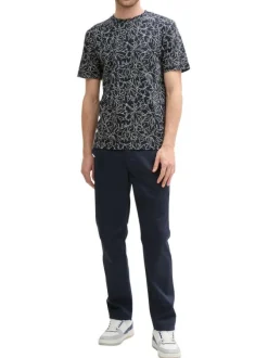 T-shirt en coton marine à motif floral blanc avec coupe regular et col rond