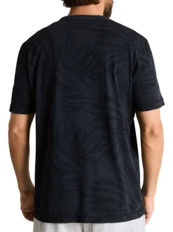 T-shirt en coton marine à motifs pourvu d'une coupe droite et d'un col rond