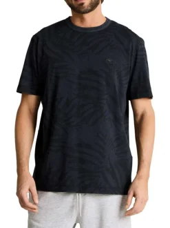 T-shirt en coton marine à motifs pourvu d'une coupe droite et d'un col rond
