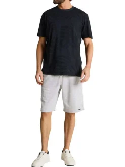 T-shirt en coton marine à motifs pourvu d'une coupe droite et d'un col rond