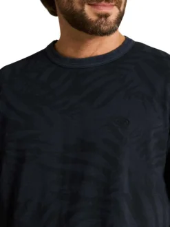 T-shirt en coton marine à motifs pourvu d'une coupe droite et d'un col rond