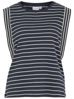 T-shirt en coton marine rayé avec une coupe droite et un col rond