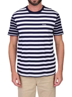 T-shirt en coton marine à rayures avec une coupe droite et un col rond