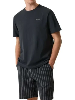 T-shirt en coton marine uni avec texte imprimé et une coupe droite