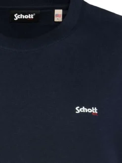T-shirt en coton marine uni avec un col rond et le nom de la marque en petit