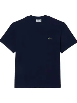 T-shirt en coton marine uni avec un col rond et une coupe droite