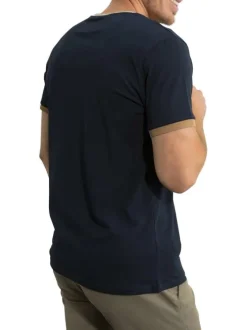T-shirt en coton marine uni avec une coupe droite et un col bicolore