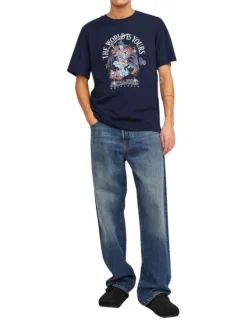 T-shirt en coton marine uni avec une coupe droite et un col rond