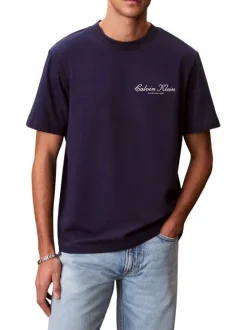 T-shirt en coton marine uni avec une coupe droite et un col rond