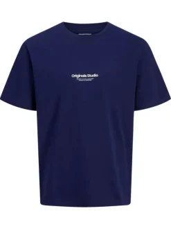 T-shirt en coton marine uni avec une coupe droite et un col rond