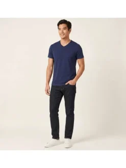 T-shirt en coton marine uni avec une coupe droite et un col v