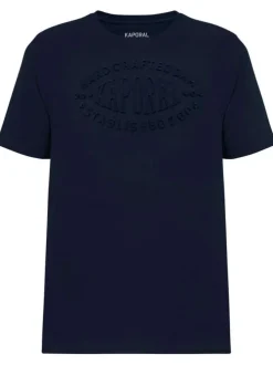 T-shirt en coton marine uni avec une coupe droite un col rond et logo embossé