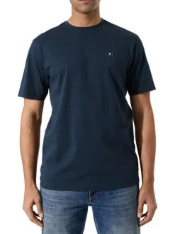 T-shirt en coton marine uni à col rond avec patch de la marque