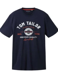 T-shirt en coton marine uni coupe droite avec un col rond et des inscriptions