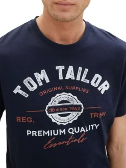T-shirt en coton marine uni coupe droite avec un col rond et des inscriptions