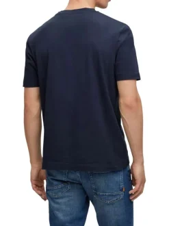 T-shirt en coton marine uni coupe droite avec un col rond et surpiqûres