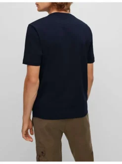 T-shirt en coton marine uni coupe droite avec un col rond et surpiqûres