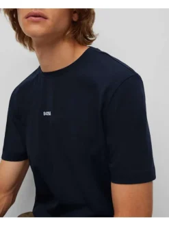 T-shirt en coton marine uni coupe droite avec un col rond et surpiqûres