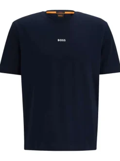 T-shirt en coton marine uni coupe droite avec un col rond et surpiqûres
