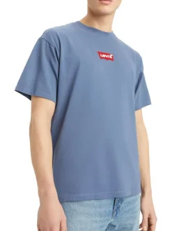 T-shirt en coton marine uni droit avec des manches courtes et à col rond