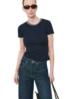T-shirt en coton marine uni pourvu de manches courtes et d'un col rond