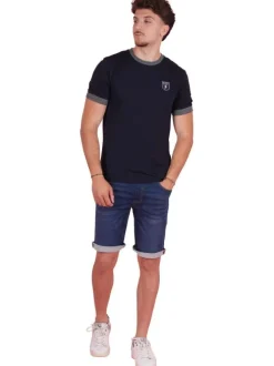 T-shirt en coton marine uni pourvu de manches courtes et d'un col rond