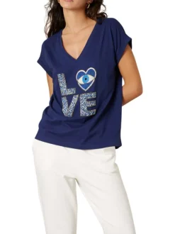 T-shirt en coton marine uni pourvu d'un motif "Love" brodé de perles