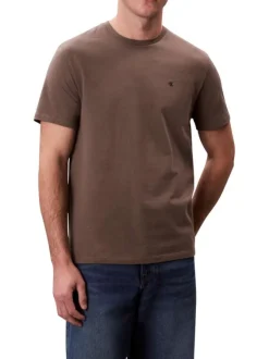 T-shirt en coton marron clair uni avec le logo brodé en petit et à col rond