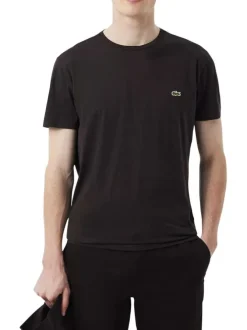 T-shirt en coton marron à coupe droite pourvu d'un col rond côtelé