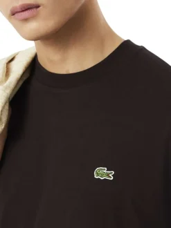 T-shirt en coton marron à coupe droite pourvu d'un col rond côtelé