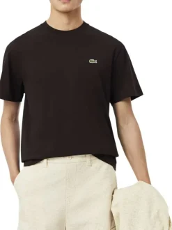 T-shirt en coton marron à coupe droite pourvu d'un col rond côtelé
