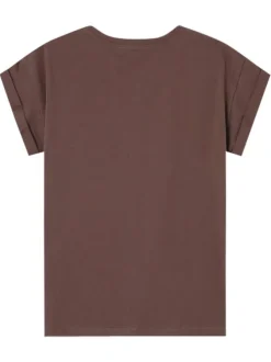 T-shirt en coton marron imprimé avec un col rond et une coupe droite