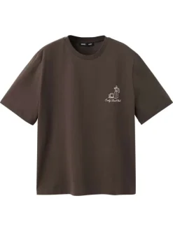 T-shirt en coton marron uni pourvu d'une cafetière brodée sur le coeur