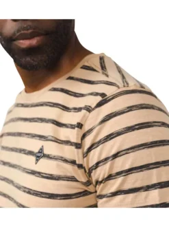 T-shirt en coton mélangé beige avec rayures noires chinées avec patch cousu