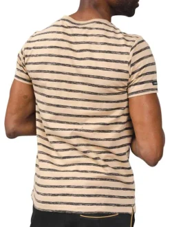 T-shirt en coton mélangé beige avec rayures noires chinées avec patch cousu