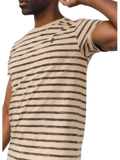 T-shirt en coton mélangé beige avec rayures noires chinées avec patch cousu
