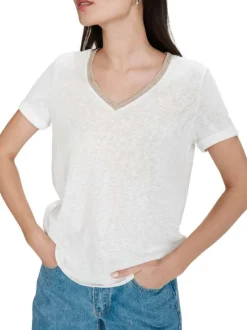 T-shirt en coton mélangé blanc uni avec une coupe droite et un col v