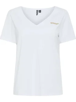 T-shirt en coton mélangé blanc uni à col v avec une petite écriture dorée