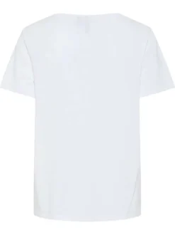 T-shirt en coton mélangé blanc uni à col v avec une petite écriture dorée