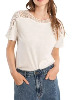 T-shirt en coton mélangé blanc uni pourvu d'un col rond et d'une coupe droite
